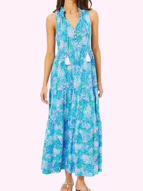 Lilly Pulitzer Malone Cotton Maxi Dress Las Olas Aqua Strong Current Sea Large